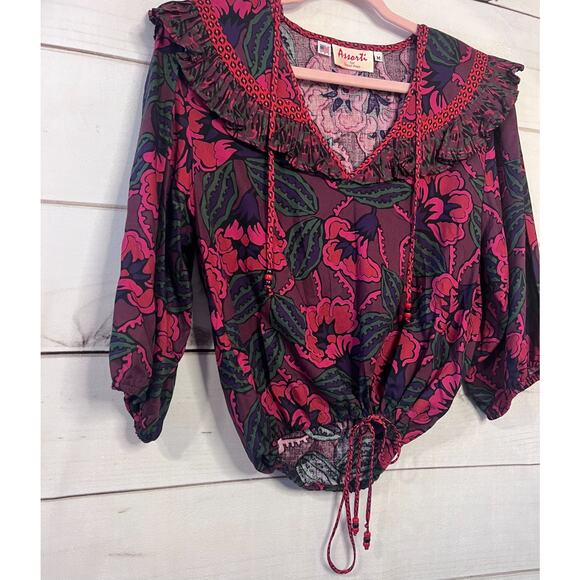 Vintage Top Size MED Ruffles Shoulder Pads Printed Purple Red Green Boehmian - Picture 5 of 5